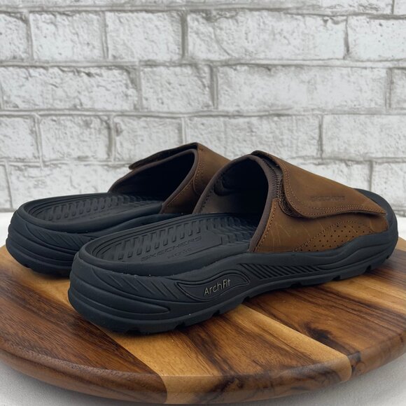 Skechers ArchFit Motley Mens 12 Brown Black Leather Revelo Slide Sandals - Picture 5 of 15